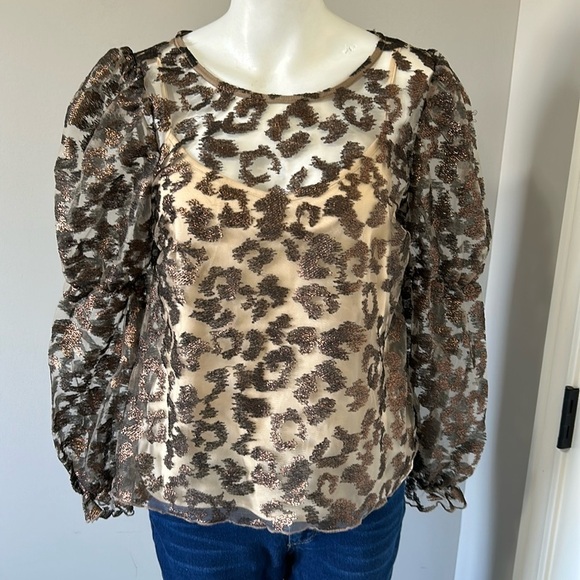 Anthropologie Eva Franco Sheer Leopard Top Animal Print Puff Sleeve Sz M NEW - Picture 4 of 16